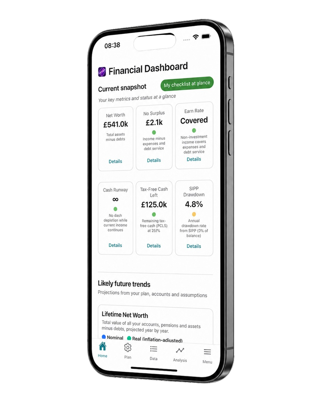 Pension Cashflow Modeller app showing the financial dashboard on iPhone